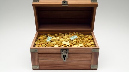 A wooden treasure chest overflowing with golden coins and rolled banknotes, symbolizing wealth and fortune.