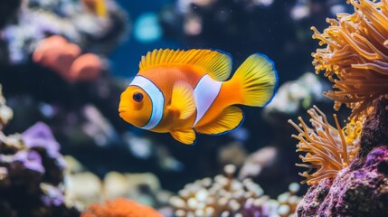 Obraz premium Vibrant Orange Clownfish Swimming Among Coral Reefs in an Underwater Scene of a Colorful Marine Environment for Nature Lovers and Aquatic Enthusiasts