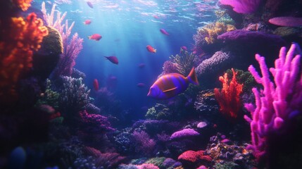 Vibrant Underwater Scene with Colorful Coral Reefs and Tropical Fish in Crystal Clear Ocean Water with Sunlight Streaming Through Surface