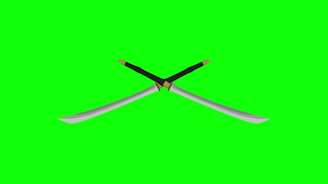 Crossed Daab Sword animation. Traditional asian thai blade weapon motion on green screen background. animated 4k chroma key