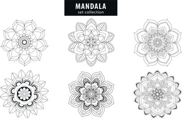 Set of 6 mandala line art pattern style. decorative mandala for print, cover, coloring page, floral ornament pattern. Illustration, vector. Hand drawn mandala design.