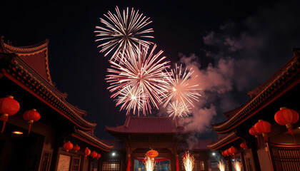 Fototapeta premium Fireworks explode brightly above traditional Chinese architecture at night. Red lanterns hang from buildings. Festive, cultural scene celebrating spring festival. Photo shows traditional Chinese New