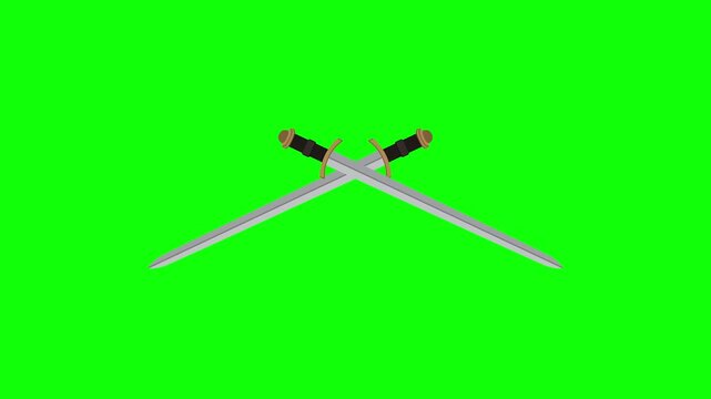 Crossed Viking swords animation. medieval  blade weapon motion on green screen background. Nordic Swords animated 4k chroma key