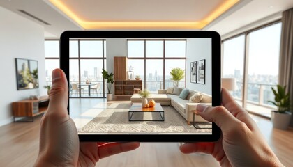 Person holds tablet displaying augmented reality interior design. Virtual decor shown on screen. AR home decor used to visualize furniture arrangement. Person views city view through window. Tech
