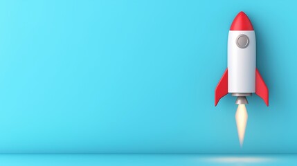 Minimalist rocket launch concept on a blue background for innovation and creativity themes