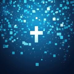 Fototapeta premium A vibrant blue background adorned with sparkling particles and a luminous cross at the center, symbolizing hope.