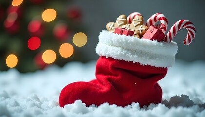 A red Christmas stocking filled with treats and gifts, set against snowy backdrop.