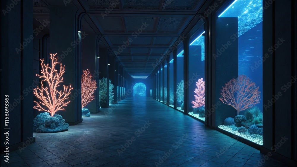 Aufkleber glowing coral sculptures illuminate a darkened corridor with large windows showcasing an underwater 