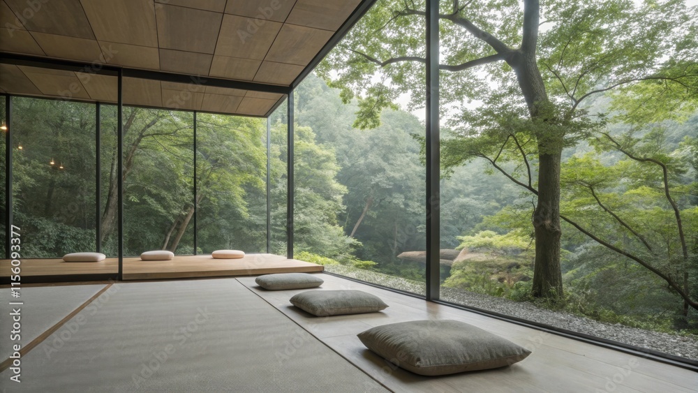 Poster modern meditation room with large windows offering a calming view of a tranquil green forest, promot