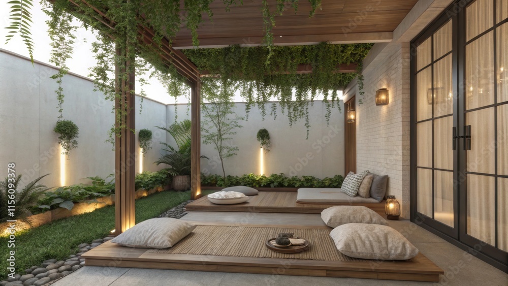Poster wooden platforms adorned with straw mats and floor cushions create a serene meditation area in a tra