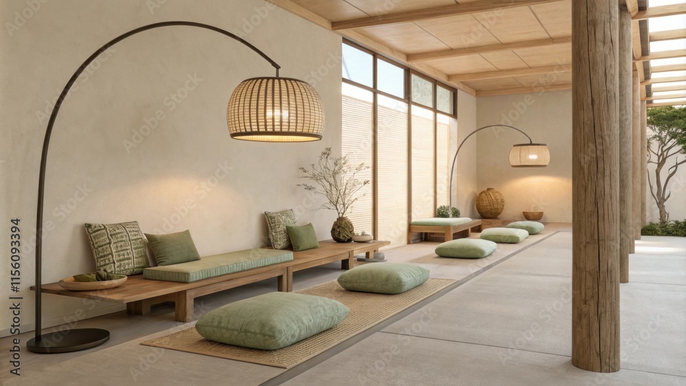 Poster soft green cushions and floor mats creating a serene atmosphere in a minimalist retreat, illuminated