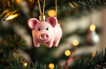 Pink pig ornament hangs from Christmas tree. Festive holiday decoration. Cute ceramic figurine....