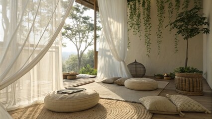 Warm sunlight streaming through sheer white curtains illuminates a tranquil meditation nook filled with round cushions, wicker baskets, and lush greenery, fostering serenity and mindfulness
