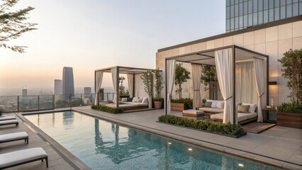 Fototapeta premium Modern rooftop infinity pool with elegant cabanas featuring flowing curtains, comfortable lounge furniture, and lush greenery, creating a serene oasis overlooking a breathtaking cityscape at sunset