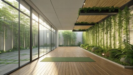 Sunlight streaming into a modern, eco friendly wellness center with bamboo flooring, a green yoga mat, and a lush green wall creates a tranquil atmosphere for relaxation and exercise