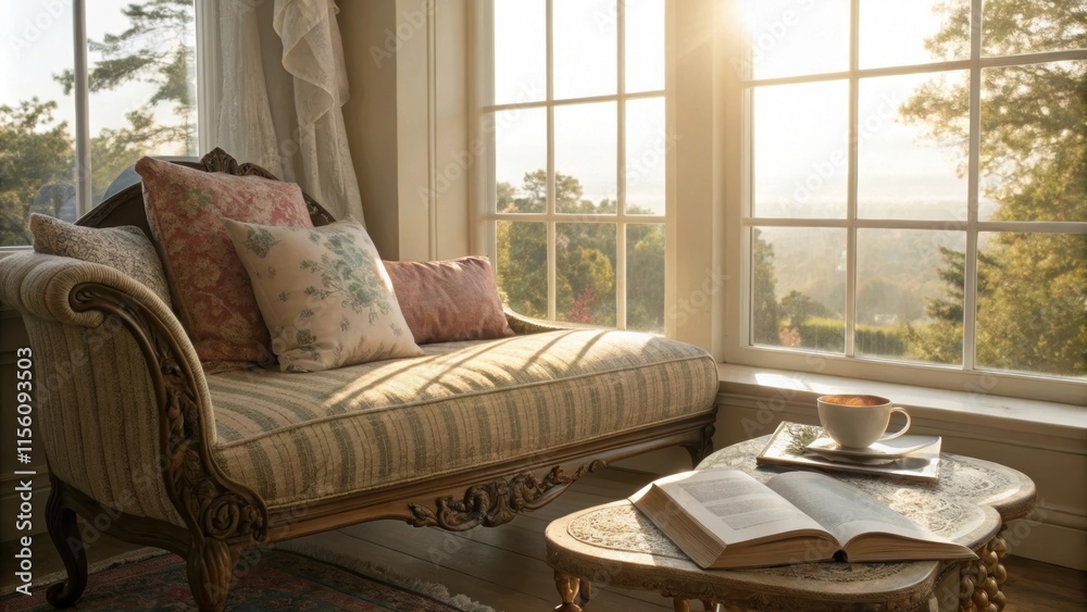 Poster warm sunlight streaming through a large window illuminates a cozy reading nook featuring a comfortab