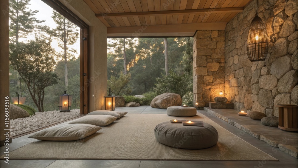 Poster soft light illuminates a peaceful meditation space with floor cushions, lanterns, and a view of a se