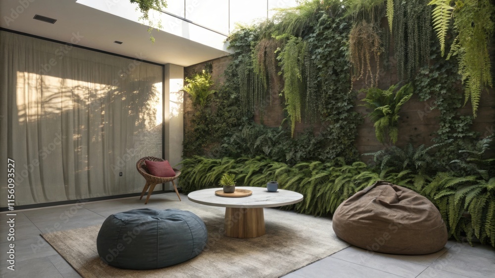 Poster sunlight illuminates a modern patio featuring a lush vertical garden, comfortable beanbag chairs, a 