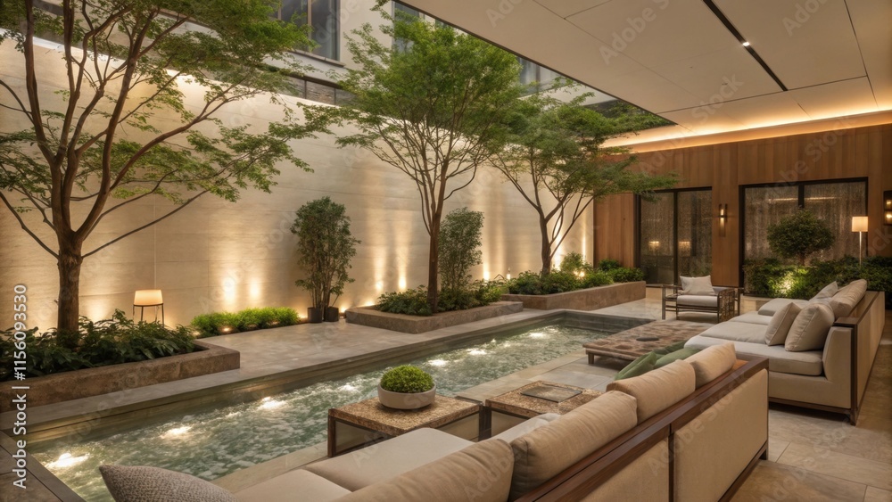 Poster comfortable sofas arranged around a peaceful pond create a luxurious and inviting atmosphere in a mo