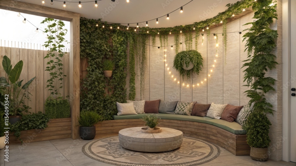 Poster Lush greenery surrounds a circular wooden bench adorned with comfortable cushions, illuminated by warm string lights, creating a tranquil and inviting outdoor space