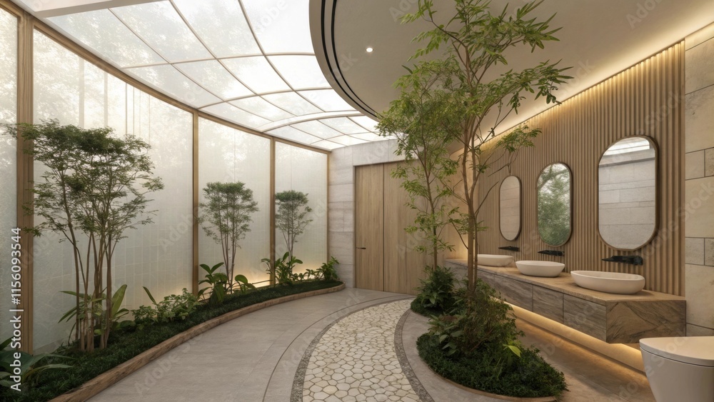 Poster restroom featuring a curved glass wall enclosing a small garden, creating a tranquil and nature inte