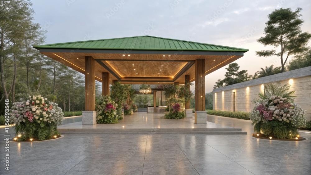 Aufkleber modern pavilion illuminated at dusk. showcasing a blend of wood and metal architecture. complemented