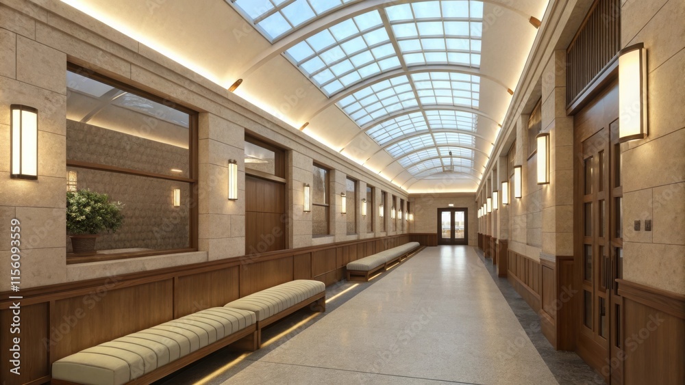 Poster empty waiting area featuring benches, illuminated by natural light streaming through an arched glass