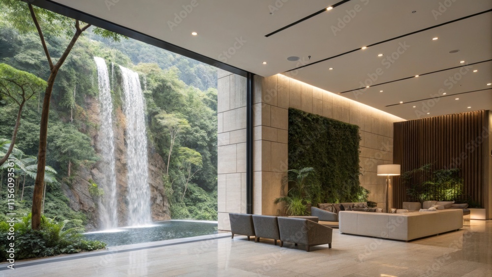 Poster luxurious hotel lobby featuring comfortable seating, a living wall, and a stunning view of a natural