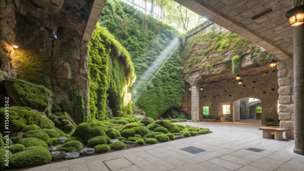 Poster sunbeams are illuminating a vibrant outdoor themed installation with moss and ferns within the unite