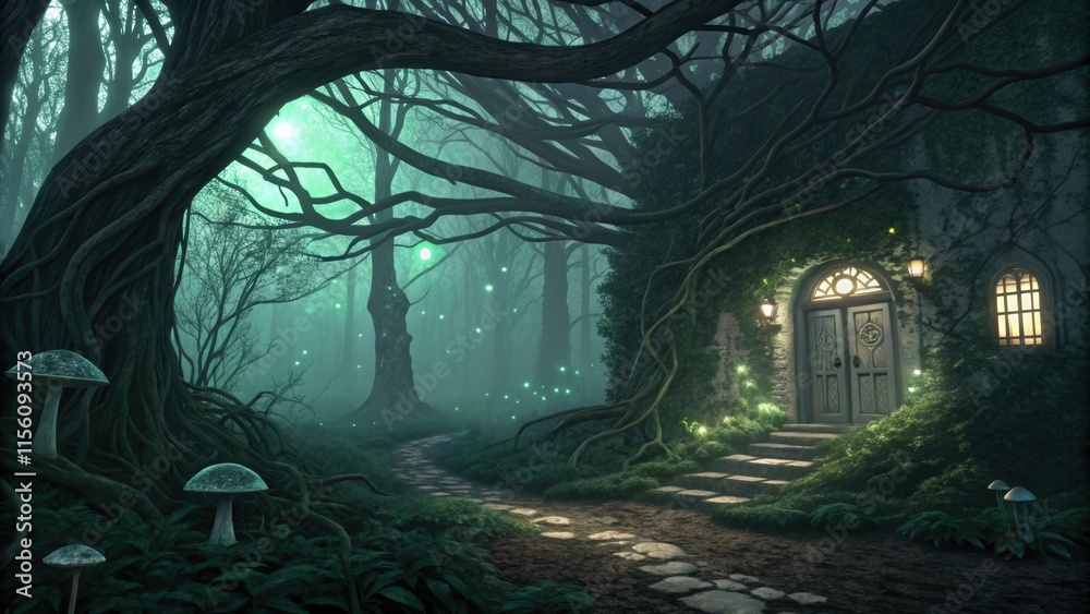 Aufkleber Stone path with glowing mushrooms and fireflies illuminating the way to a magical cottage nestled within a mystical dark forest, creating a captivating and otherworldly atmosphere