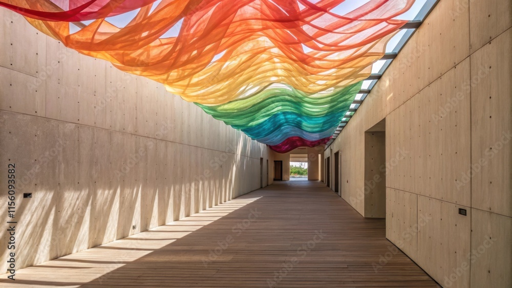 Leinwandbilder sunlight illuminates a modern corridor with smooth textured walls and a wooden floor, featuring a vi