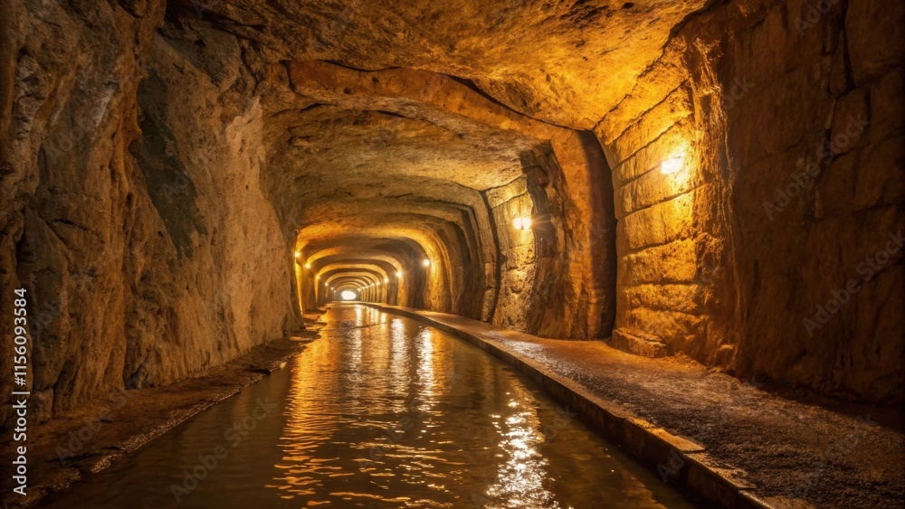 Poster warm light illuminates a subterranean waterway flowing through a man made tunnel, reflecting off the