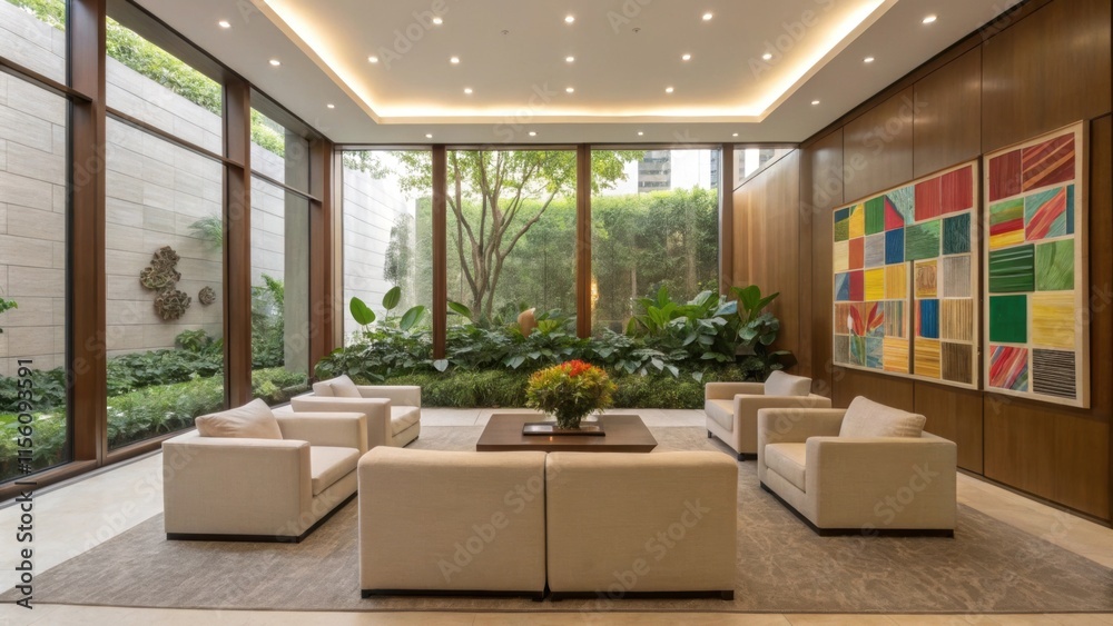 Poster modern and minimalist lounge area featuring plush seating, overlooking a tranquil internal garden, i