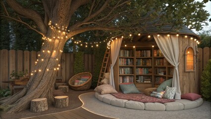 Cozy reading nook nestled under a large tree, featuring circular seating, soft cushions, blankets, and a bookshelf, all illuminated by warm string lights for a magical atmosphere