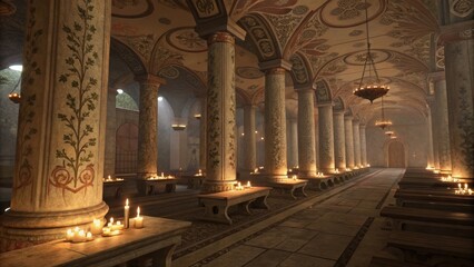 Majestic interior of an ancient medieval church features colossal columns reaching a beautifully decorated ceiling, with benches lining the sides and candles casting a warm glow