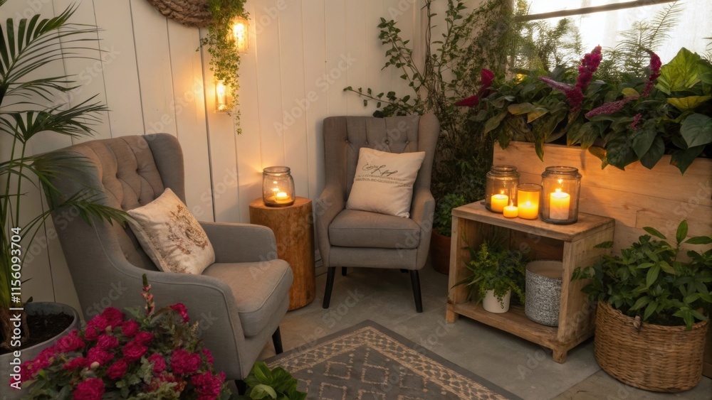 Poster two comfortable armchairs sit amidst a tranquil indoor garden, illuminated by the warm glow of burni