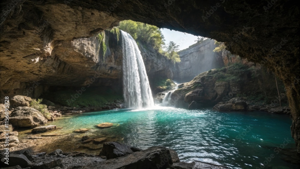 Poster sunlight streaming through the grotto highlights a stunning waterfall cascading into a serene turquo