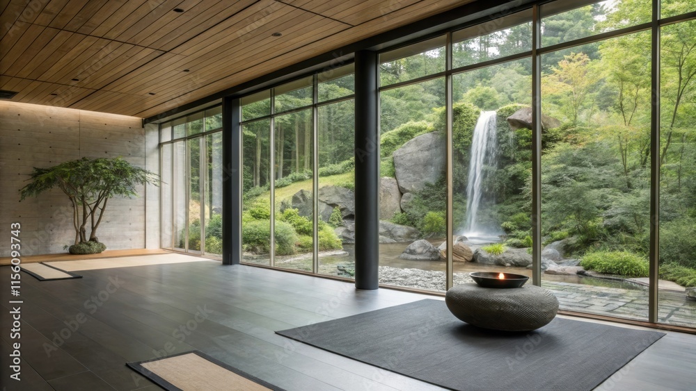 Aufkleber floor to ceiling windows in a modern yoga studio offer a breathtaking view of a cascading waterfall 