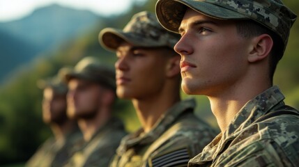Fototapeta premium Group of Young Soldiers in Military Uniforms Standing in a Line During Training Exercise in Nature with Focused Expressions and Mountain Background