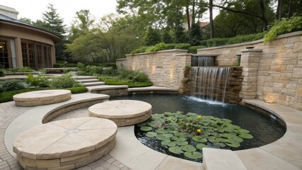 Obraz premium Stone patio with built in seating surrounding a pond with water lilies and a small waterfall cascading down a stone wall, creating a peaceful and inviting atmosphere