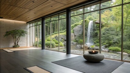 Fototapeta premium Floor to ceiling windows in a modern yoga studio offer a breathtaking view of a cascading waterfall and lush greenery, creating a serene atmosphere for practicing yoga and meditation