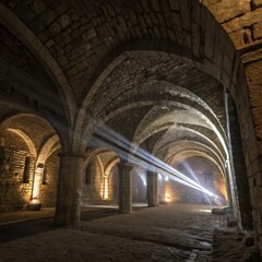 Fototapeta premium Sunbeams streaming through an ancient underground vault highlight the intricate arches and columns, crafting a captivating atmosphere filled with mystery and historic charm