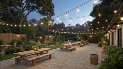 Naklejka premium Wooden picnic tables are arranged on a paved patio with string lights overhead, plants and trees surrounding the area, creating a cozy and inviting atmosphere at dusk
