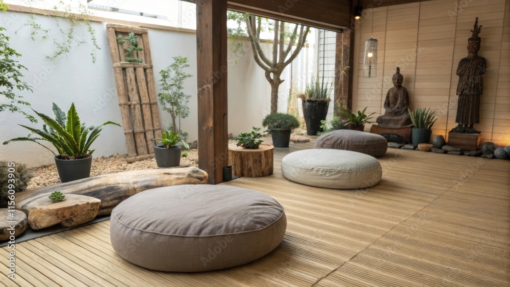 Aufkleber large comfortable cushions are arranged on a wooden floor in a serene meditation space, adorned with