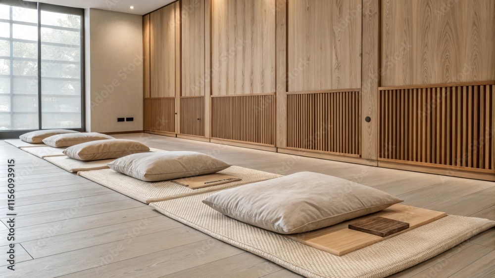 Poster soft beige mats and cushions are arranged on a light wooden floor, creating a serene atmosphere for 