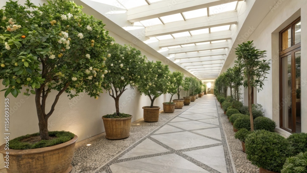 Poster Potted citrus trees lining a walkway beneath a pergola create a serene, inviting atmosphere, blending nature and architecture in a beautifully designed outdoor space