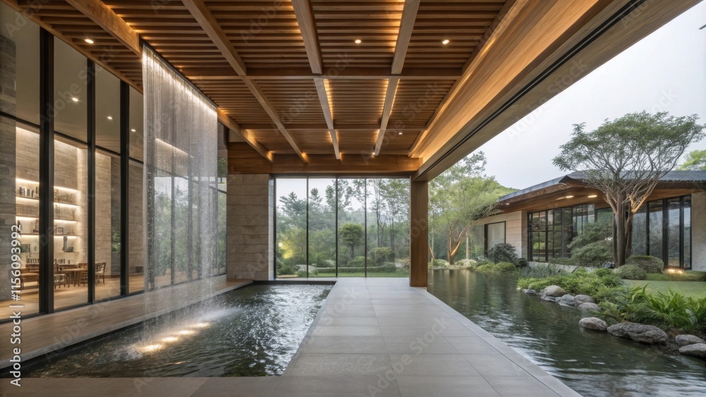 Poster elegant water feature flows from the ceiling into a pond in a modern luxury home, surrounded by lush