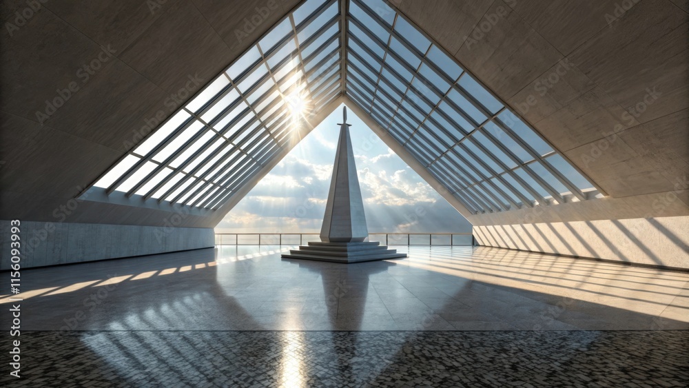 Aufkleber Sun rays illuminating a modern monument within a contemporary building feature large windows and a polished floor, creating a stunning ambiance during a breathtaking sunset
