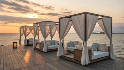 Lounge beds nestled under elegant gazebos on a wooden deck invite relaxation as the sun sets over the calm ocean, creating a serene escape in a tropical resort