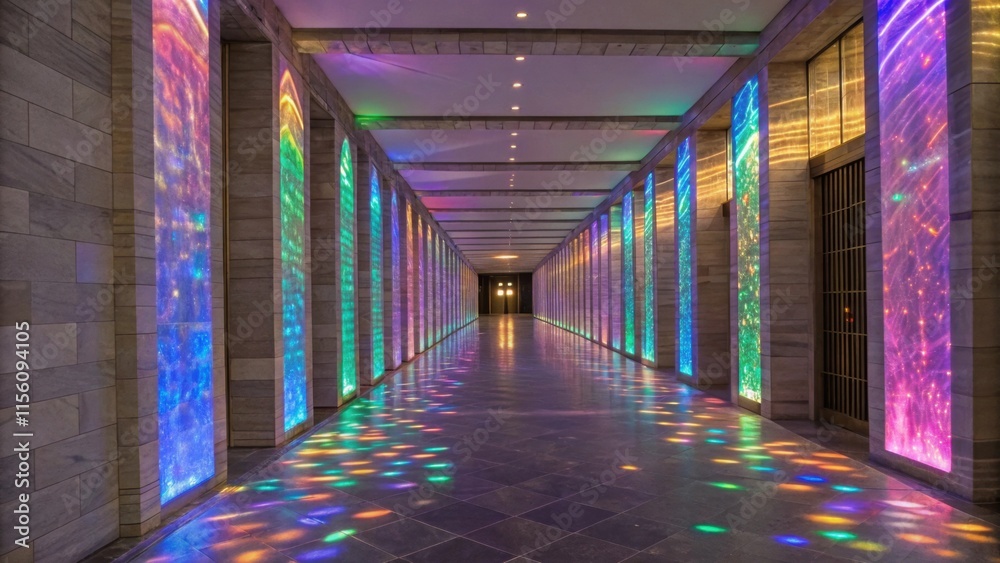 Aufkleber Empty modern corridor with iridescent vertical walls is illuminated with colorful lights. Creating vibrant reflections on the polished floor and adding a touch of magic to the architectural design